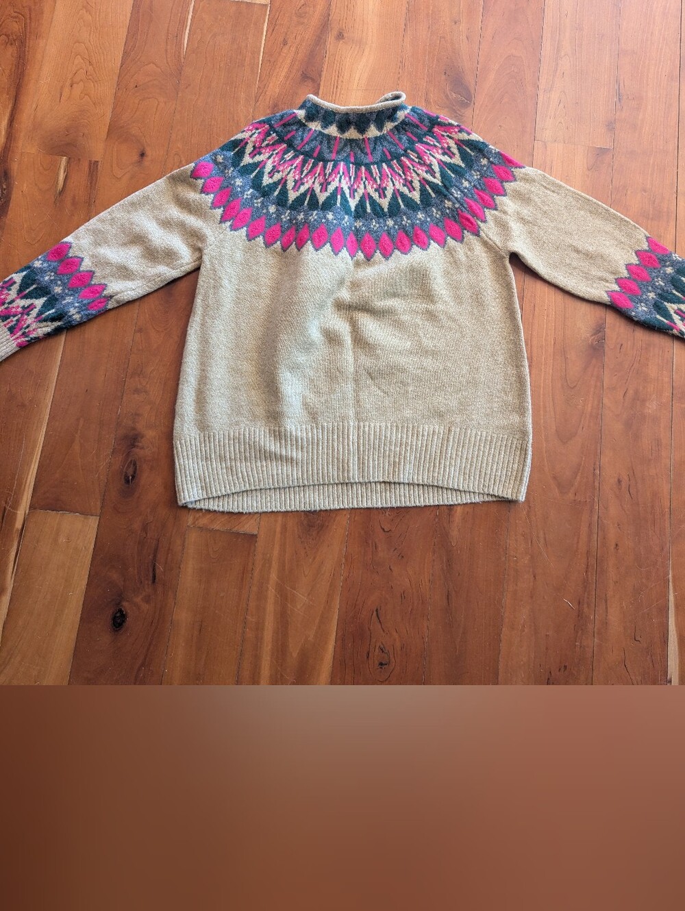 CeCe Beige Fair Isle Turtleneck Sweater with Pink & Teal Yoke
